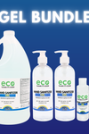 Affordable hand sanitizer gel bundle that contains one 4L jug, two 500mL bottles, and two mini 60mL travel bottles.