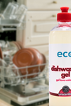 A bottle of eco dishwasher gel unscented in front of a dishwasher, for a sustainable and eco-friendly home.