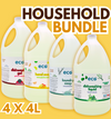 This household bundle includes 4L of citrus hand soap, 4L of rosemary mint dish soap, 4L of eucalyptus laundry soap, and 4L of unscented dishwasher gel.