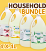 This household bundle includes 4L of citrus hand soap, 4L of rosemary mint dish soap, 4L of eucalyptus laundry soap, and 4L of unscented dishwasher gel.