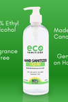 Eco Sanitizer's hand sanitizer liquid is made of 80% ethyl alcohol (food grade), is made in Canada, is fragrance free, and is gentle on the hands.