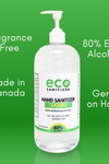 Eco Sanitizer's hand sanitizer liquid is made of 80% ethyl alcohol (food grade), is made in Canada, is fragrance free, and is gentle on the hands.