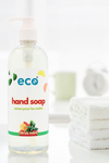 Eco-friendly hand soap bottle in a washroom, promoting a plant-based and sustainable home.