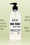 Eco friendly dish soap that is scented with 100% natural essential oils, is plant-based, and is soft on the hands.