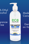 Eco Sanitizer's hand sanitizer gel is made of 70% ethyl alcohol (food grade), is made in Canada, is fragrance free, and is gentle on the hands.