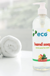 Eco-friendly plant-based hand soap bottle in a washroom.