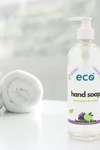 Eco hand soap in the washroom, for a plant-based home. 