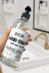 Eco-friendly hand soap bottle in a washroom, promoting a plant-based and sustainable home.