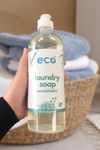 A bottle of eco laundry soap in eucalyptus, for a plant-based and eco-friendly laundry routine.